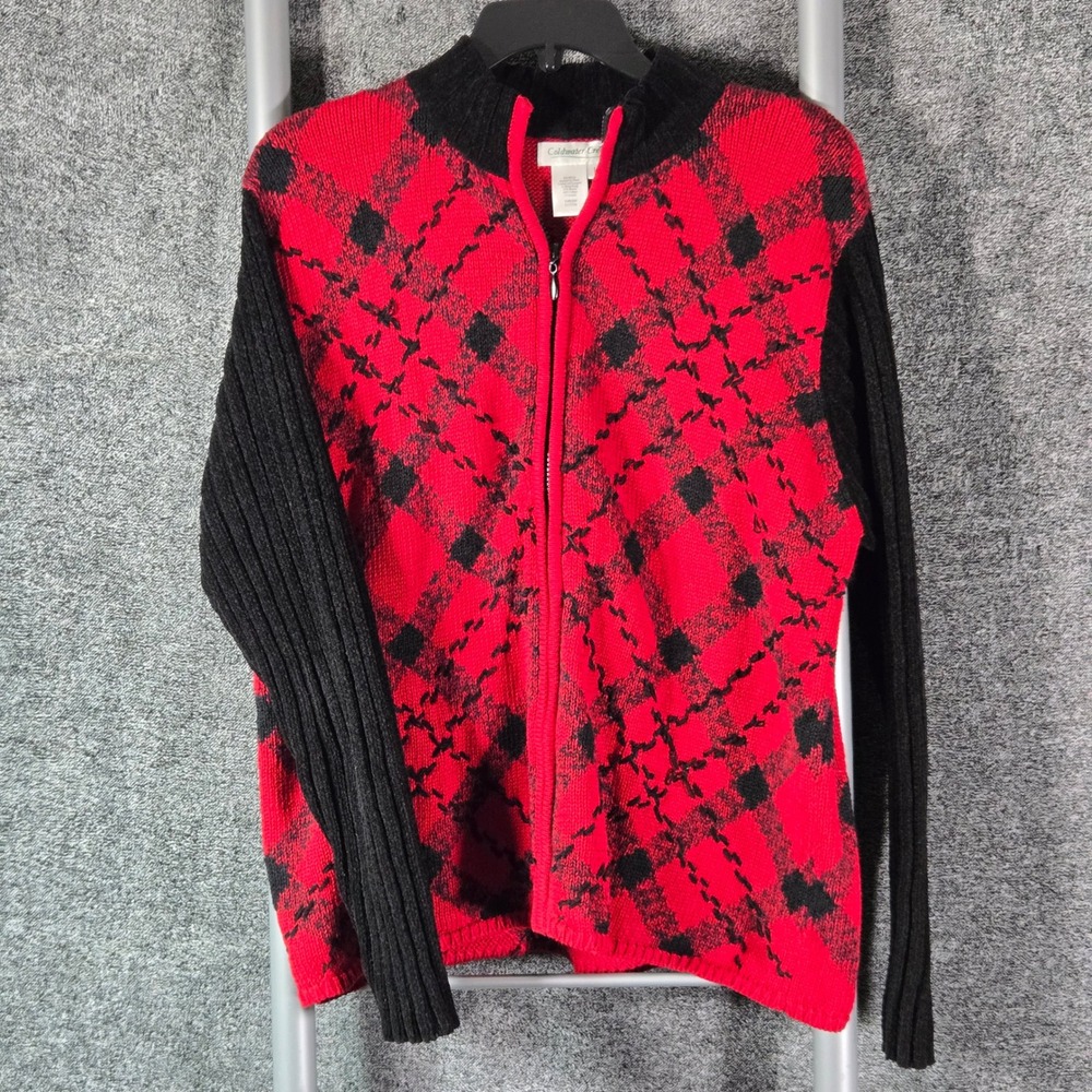 Coldwater Creek Womens Red Black Diamond Plaid Full Zip Cardigan Sweater Large